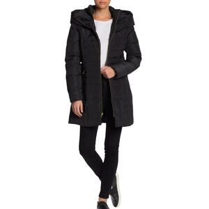 COLE HAAN QUILTED SHAWL DOWN COAT HOODED WOMENS BLACK COLOR FRONT ZIP SIZE SMALL